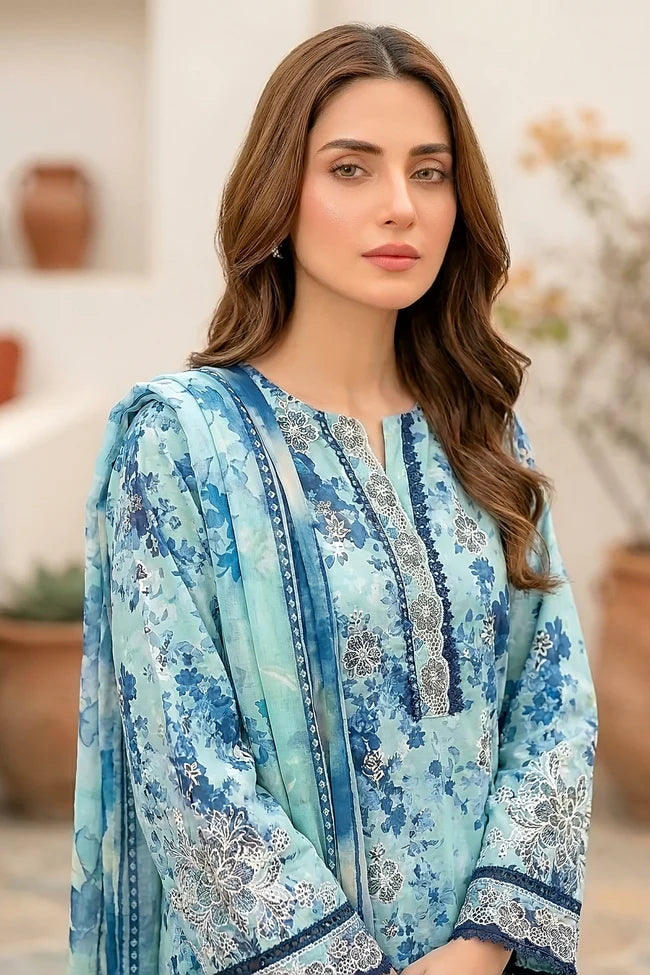 Lakhany Premium 03 Piece Unstitched Printed Embroidered with Printed Lawn Dupatta - Design 10