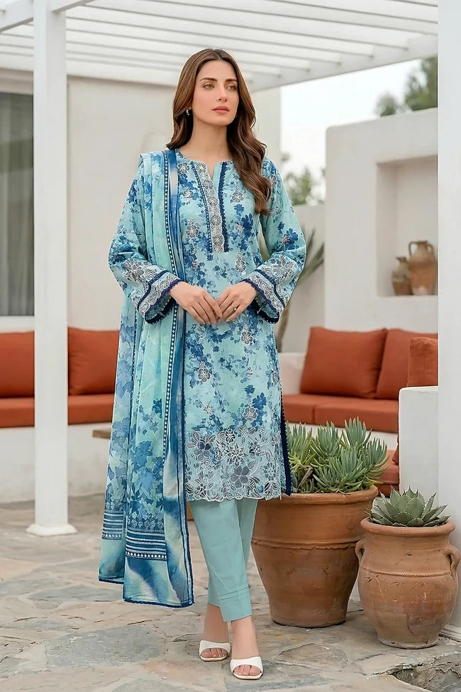 Lakhany Premium 03 Piece Unstitched Printed Embroidered with Printed Lawn Dupatta - Design 10
