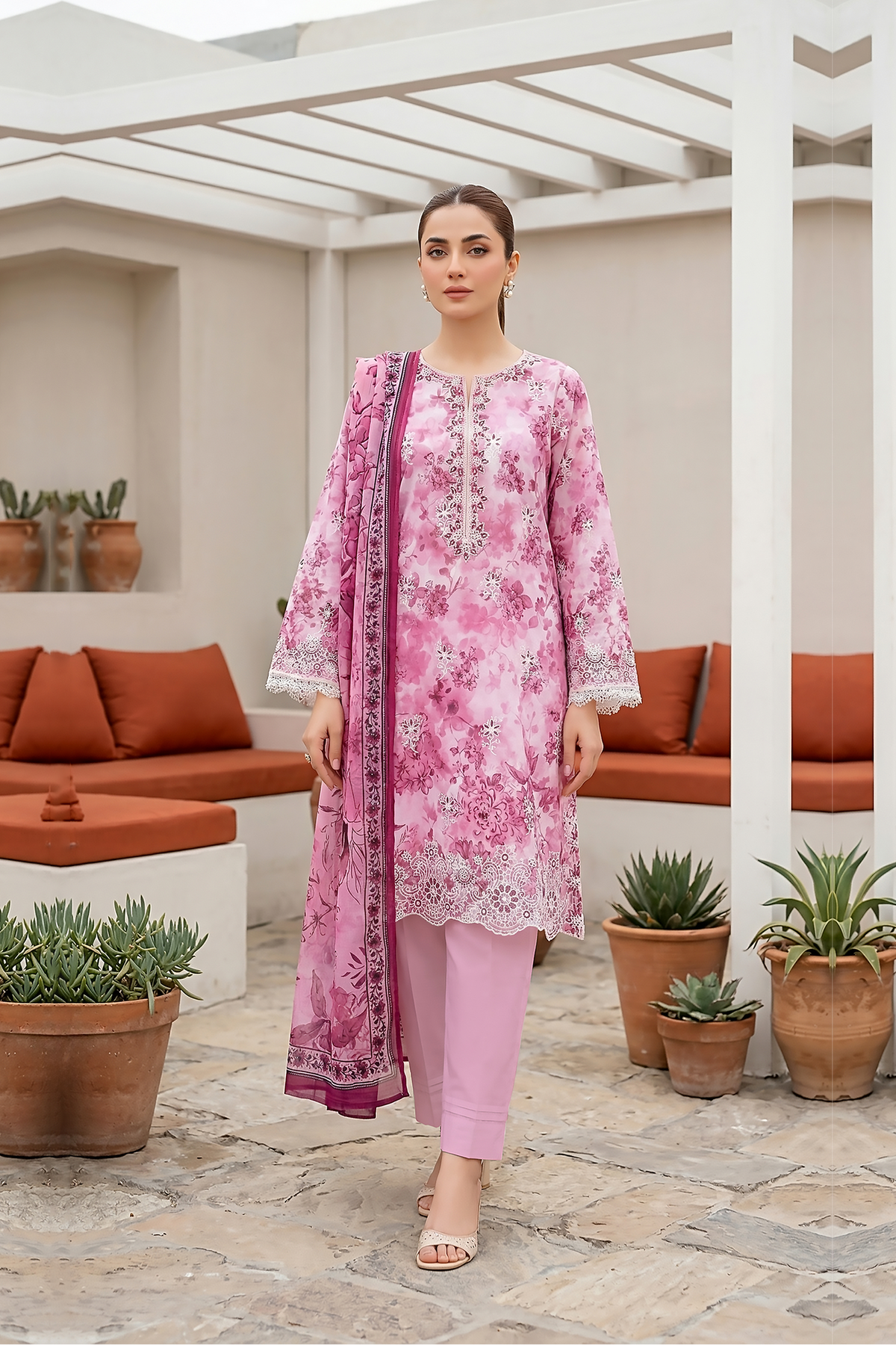 Lakhany Premium 03 Piece Unstitched Printed Embroidered with Printed Lawn Dupatta
