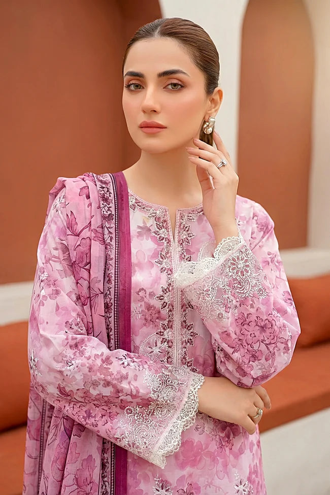 Lakhany Premium 03 Piece Unstitched Printed Embroidered with Printed Lawn Dupatta