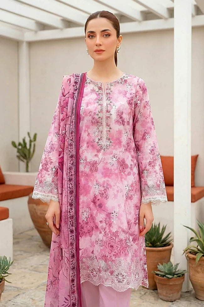 Lakhany Premium 03 Piece Unstitched Printed Embroidered with Printed Lawn Dupatta