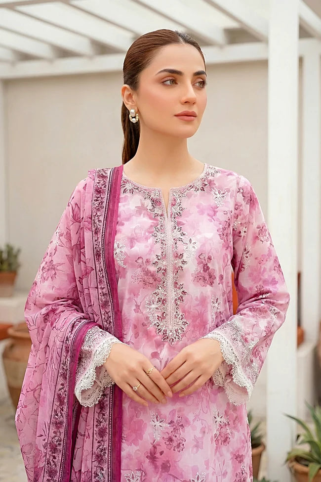 Lakhany Premium 03 Piece Unstitched Printed Embroidered with Printed Lawn Dupatta