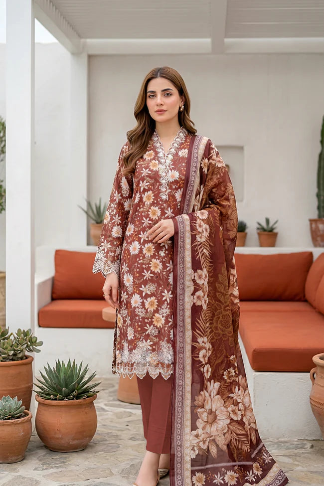 Lakhany Premium 03 Piece Unstitched Printed Embroidered with Printed Lawn Dupatta