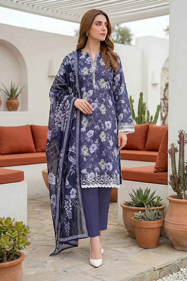 Lakhany Premium 03 Piece Unstitched Printed Embroidered with Printed Lawn Dupatta
