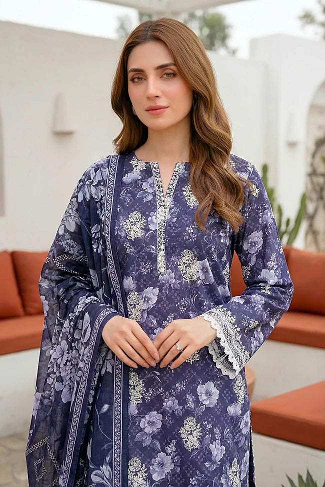 Lakhany Premium 03 Piece Unstitched Printed Embroidered with Printed Lawn Dupatta