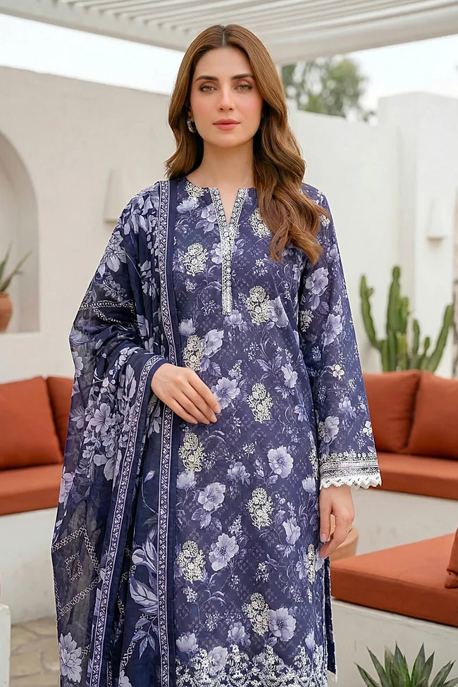 Lakhany Premium 03 Piece Unstitched Printed Embroidered with Printed Lawn Dupatta