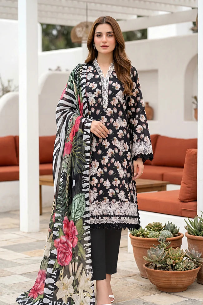 Lakhany Premium 03 Piece Unstitched Printed Embroidered with Printed Lawn Dupatta