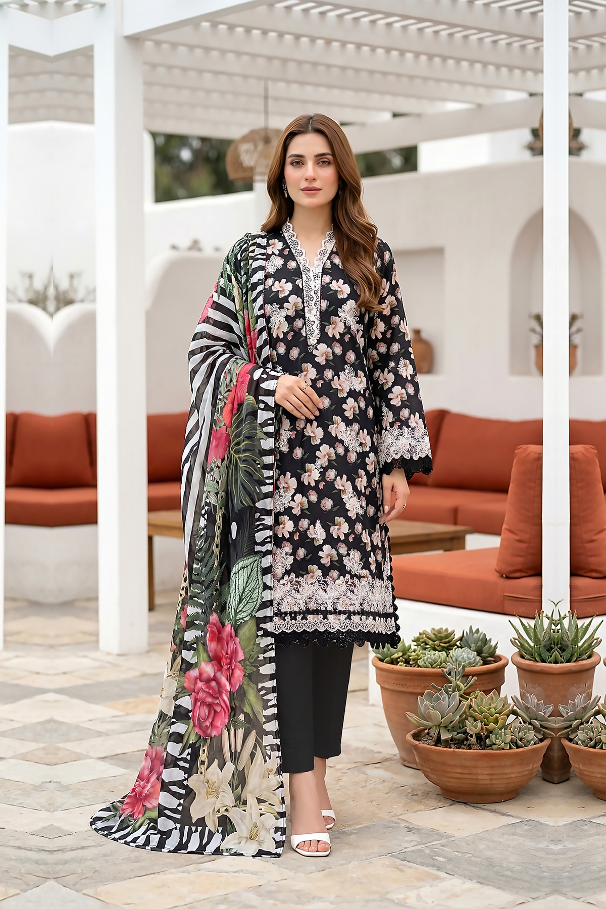 Lakhany Premium 03 Piece Unstitched Printed Embroidered with Printed Lawn Dupatta