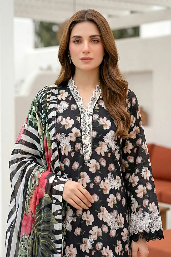 Lakhany Premium 03 Piece Unstitched Printed Embroidered with Printed Lawn Dupatta
