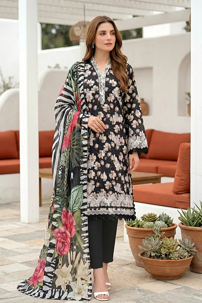 Lakhany Premium 03 Piece Unstitched Printed Embroidered with Printed Lawn Dupatta