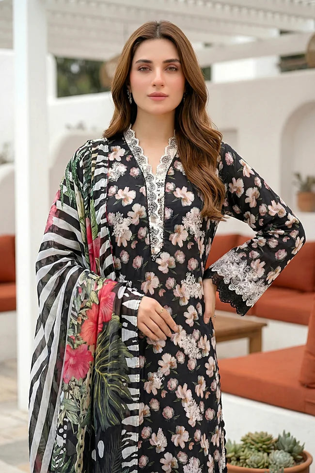 Lakhany Premium 03 Piece Unstitched Printed Embroidered with Printed Lawn Dupatta