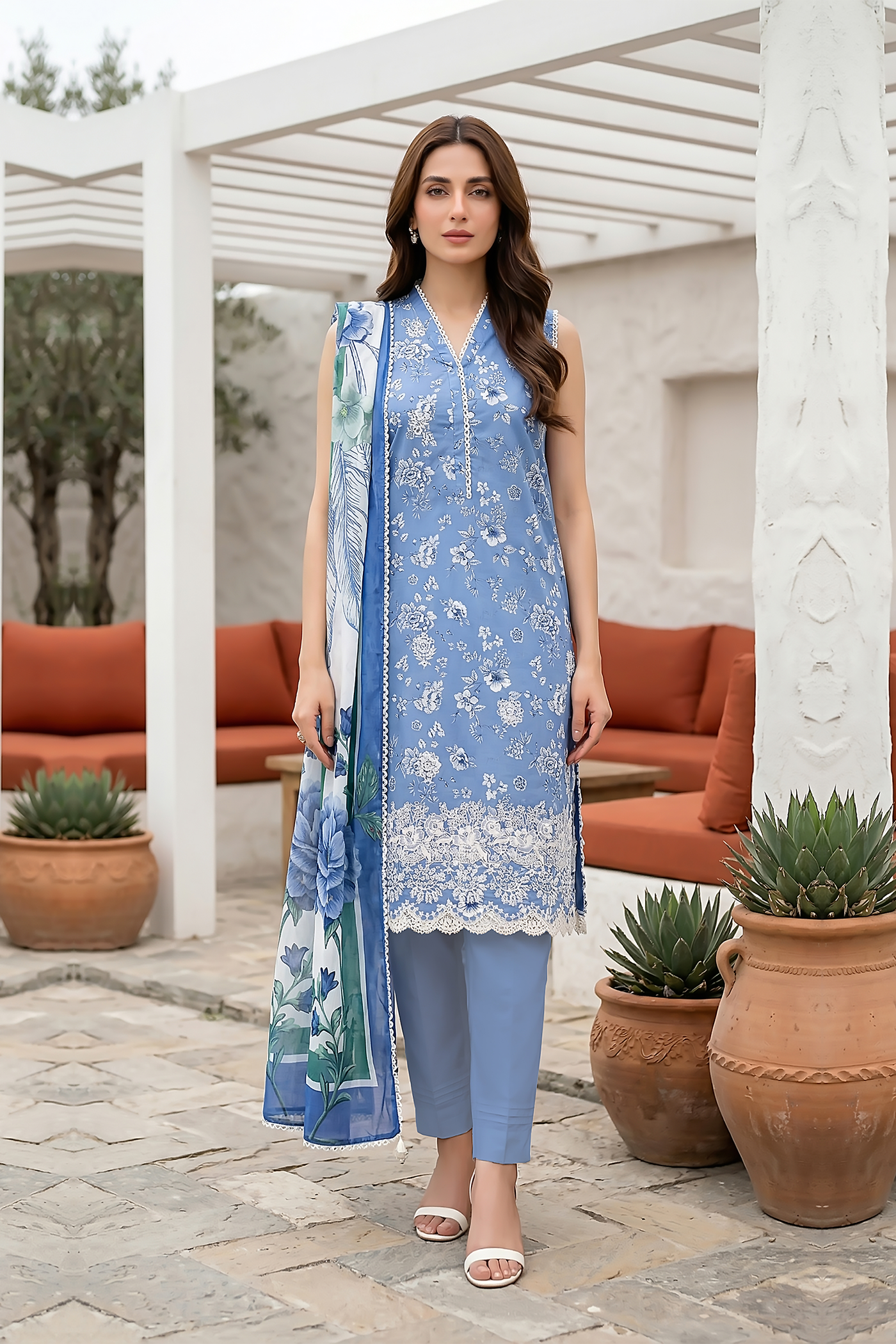 Lakhany Premium 03 Piece Unstitched Printed Embroidered with Printed Lawn Dupatta - Design 14