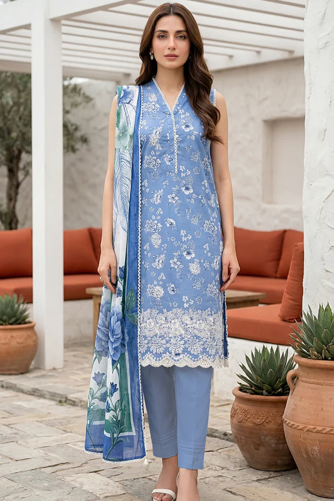 Lakhany Premium 03 Piece Unstitched Printed Embroidered with Printed Lawn Dupatta - Design 14