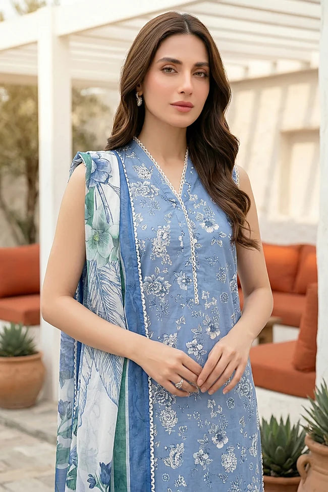 Lakhany Premium 03 Piece Unstitched Printed Embroidered with Printed Lawn Dupatta - Design 14