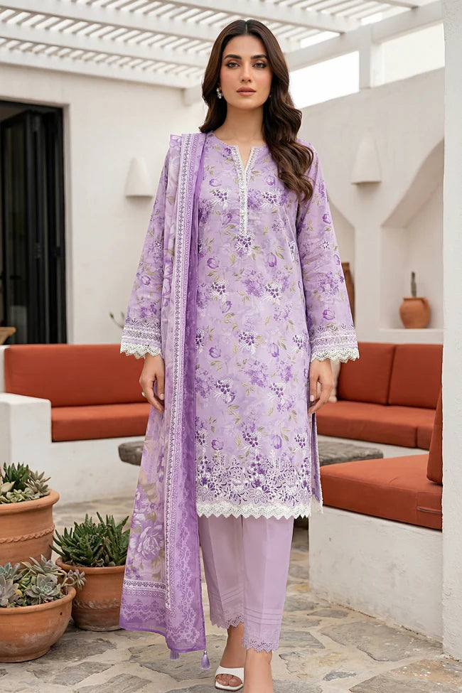 Lakhany Premium 03 Piece Unstitched Printed Embroidered with Printed Lawn Dupatta