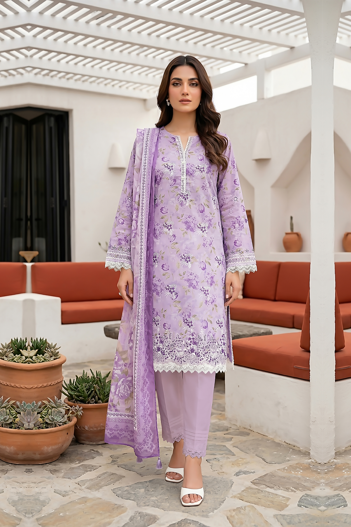 Lakhany Premium 03 Piece Unstitched Printed Embroidered with Printed Lawn Dupatta