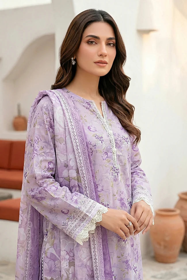 Lakhany Premium 03 Piece Unstitched Printed Embroidered with Printed Lawn Dupatta