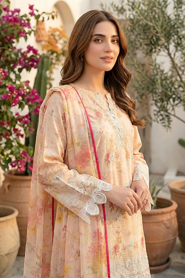 Lakhany Premium 03 Piece Unstitched Printed Embroidered with Printed Lawn Dupatta