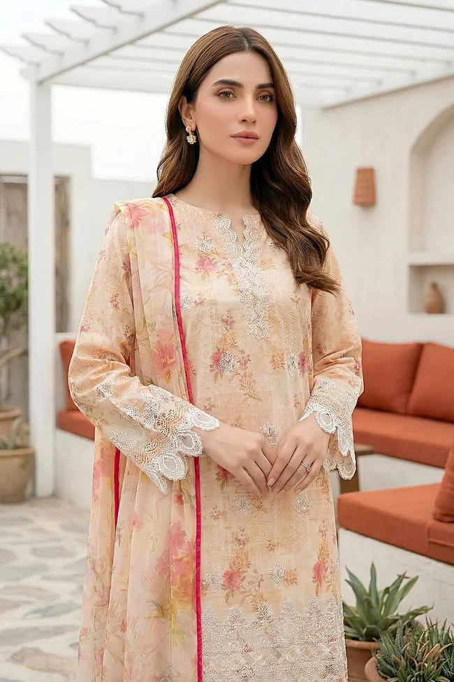 Lakhany Premium 03 Piece Unstitched Printed Embroidered with Printed Lawn Dupatta