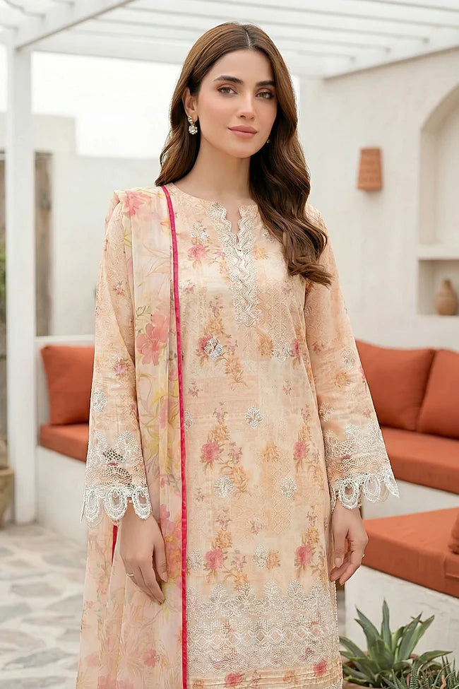 Lakhany Premium 03 Piece Unstitched Printed Embroidered with Printed Lawn Dupatta