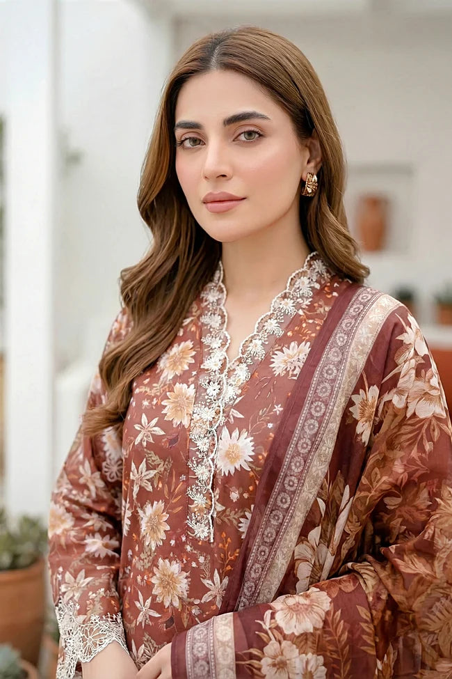 Lakhany Premium 03 Piece Unstitched Printed Embroidered with Printed Lawn Dupatta