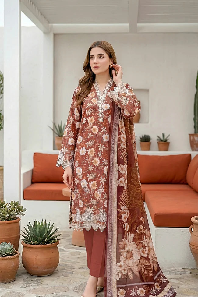 Lakhany Premium 03 Piece Unstitched Printed Embroidered with Printed Lawn Dupatta