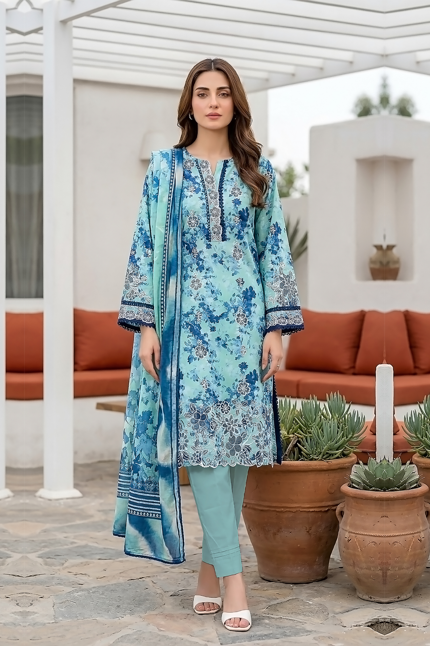 Lakhany Premium 03 Piece Unstitched Printed Embroidered with Printed Lawn Dupatta - Design 10