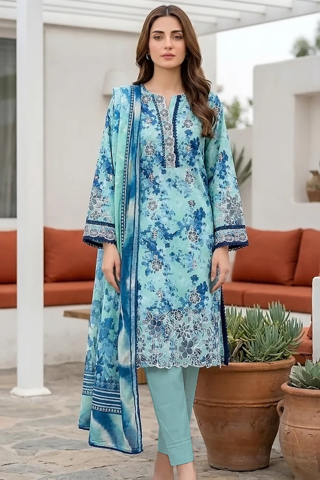 Lakhany Premium 03 Piece Unstitched Printed Embroidered with Printed Lawn Dupatta - Design 10