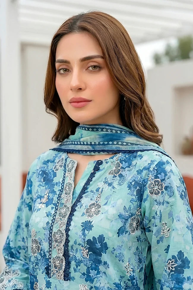Lakhany Premium 03 Piece Unstitched Printed Embroidered with Printed Lawn Dupatta - Design 10