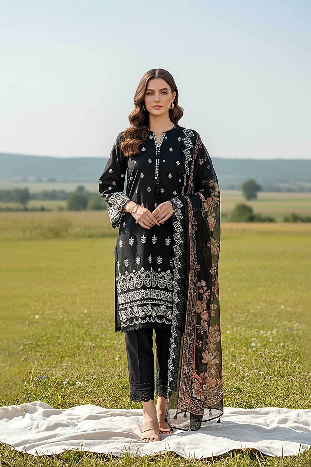 03 Piece Unstitched Embroidered Essentials with Printed Chiffon Dupatta - Design 29