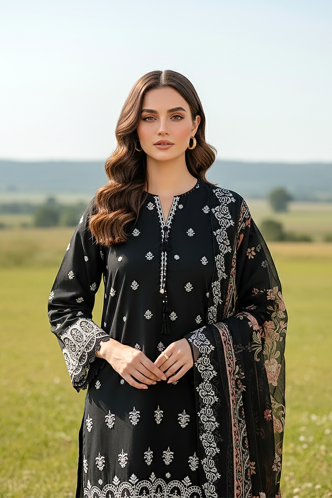 03 Piece Unstitched Embroidered Essentials with Printed Chiffon Dupatta - Design 29