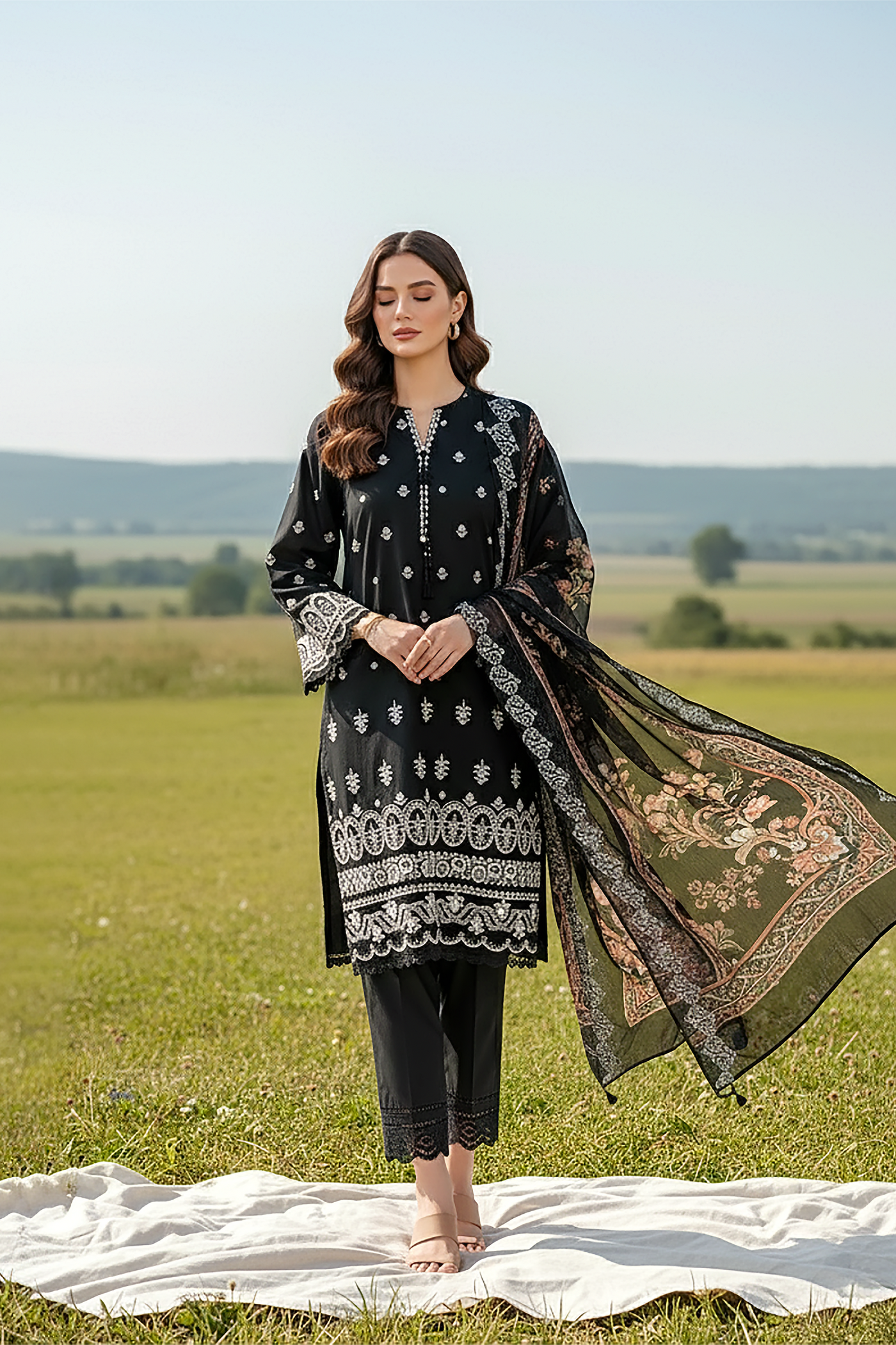 03 Piece Unstitched Embroidered Essentials with Printed Chiffon Dupatta - Design 29