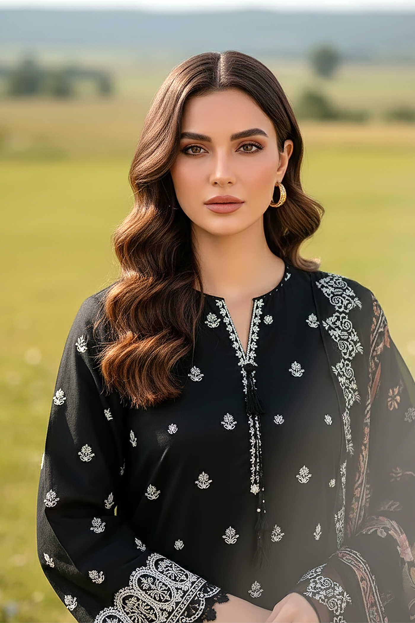 03 Piece Unstitched Embroidered Essentials with Printed Chiffon Dupatta - Design 29