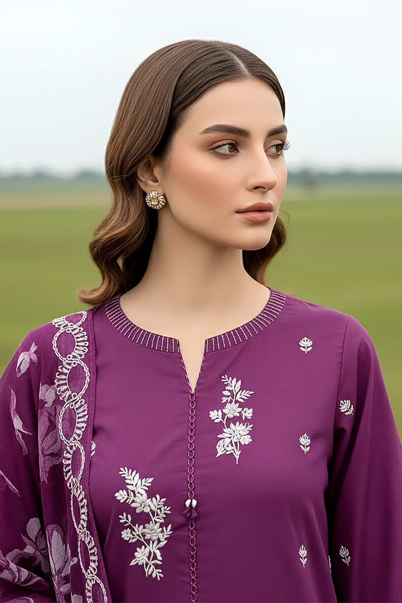 03 Piece Unstitched Embroidered Essentials with Printed Chiffon Dupatta - Design 20