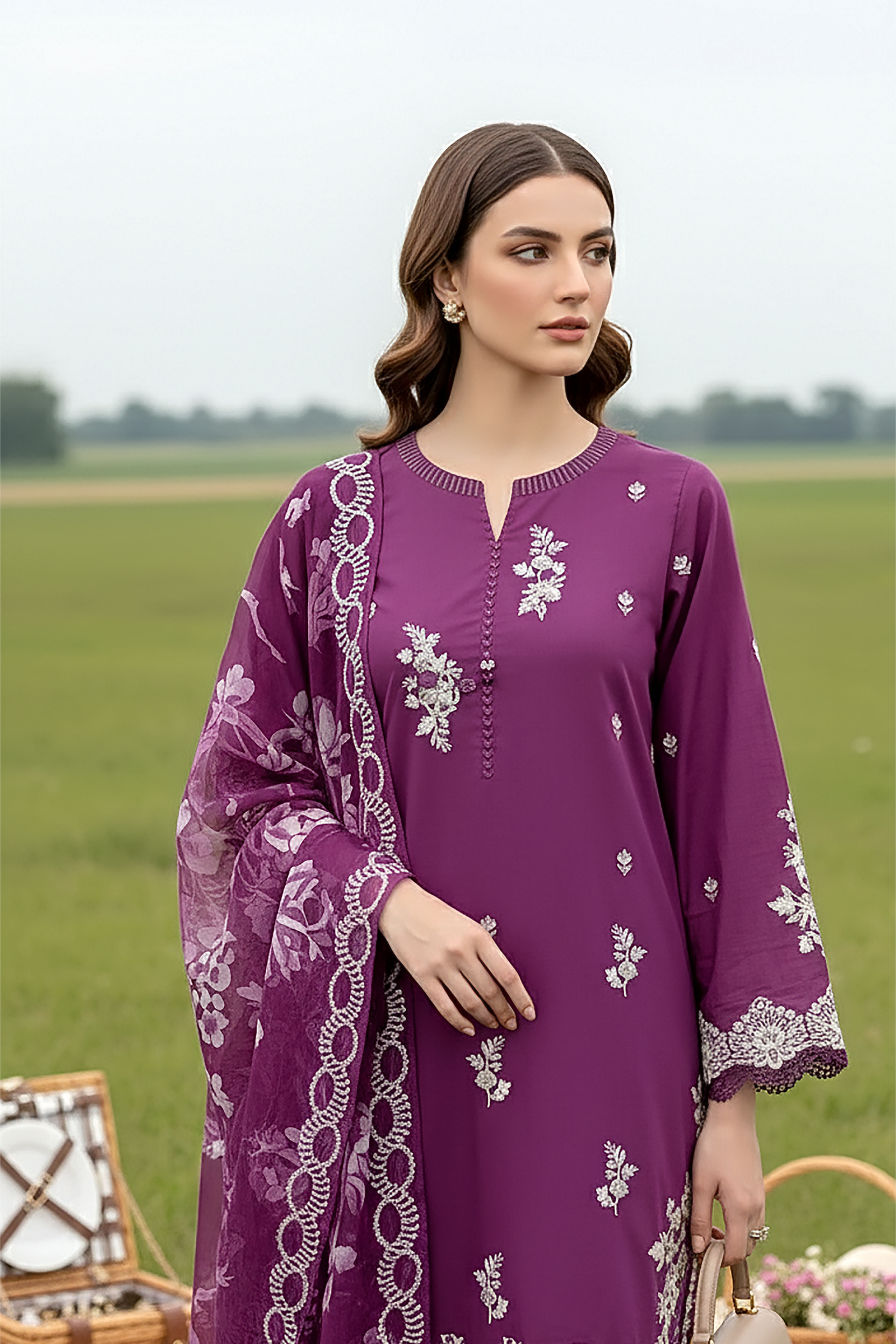 03 Piece Unstitched Embroidered Essentials with Printed Chiffon Dupatta - Design 20