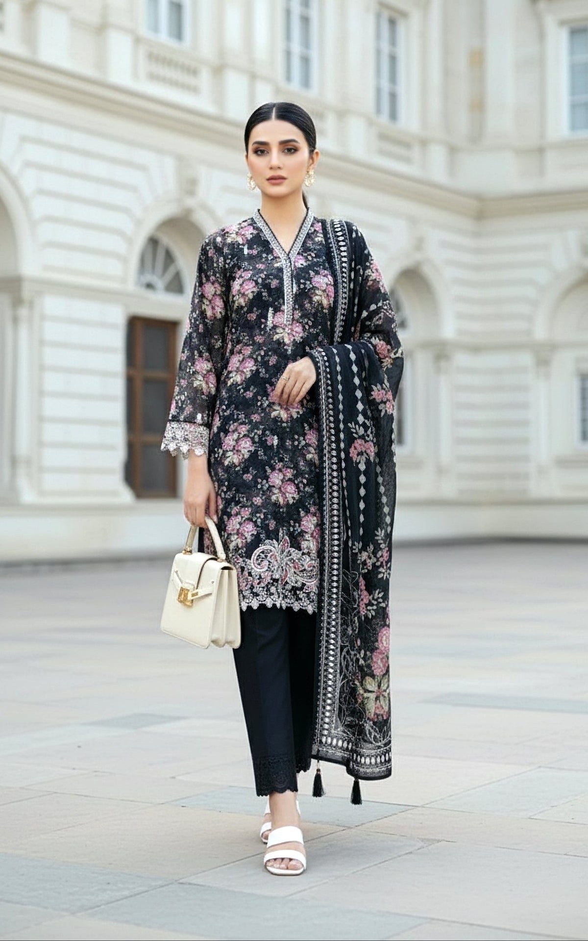 03 Piece Stitched Embroidered with Printed Lawn Dupatta Komal Lawn