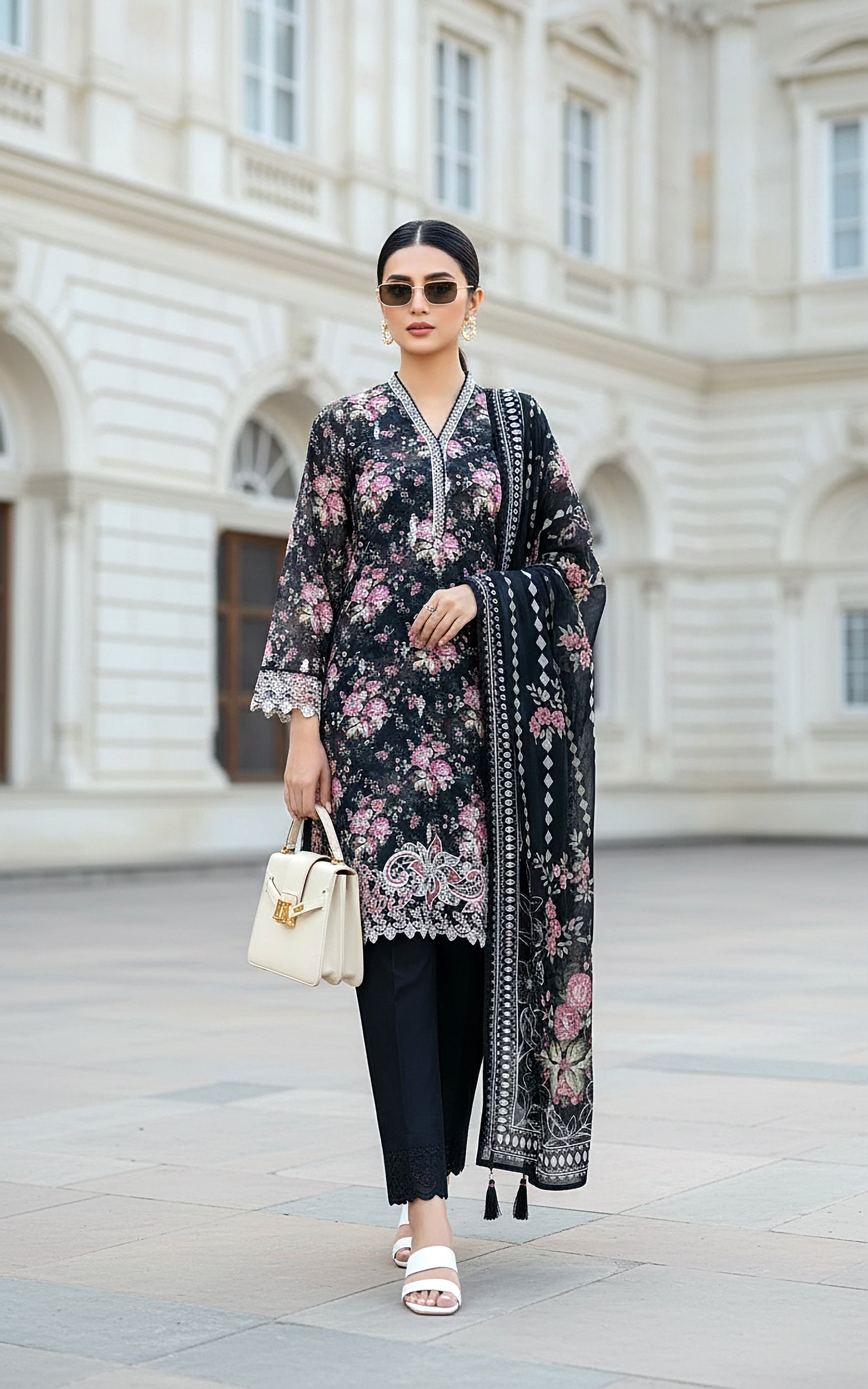 03 Piece Stitched Embroidered with Printed Lawn Dupatta Komal Lawn