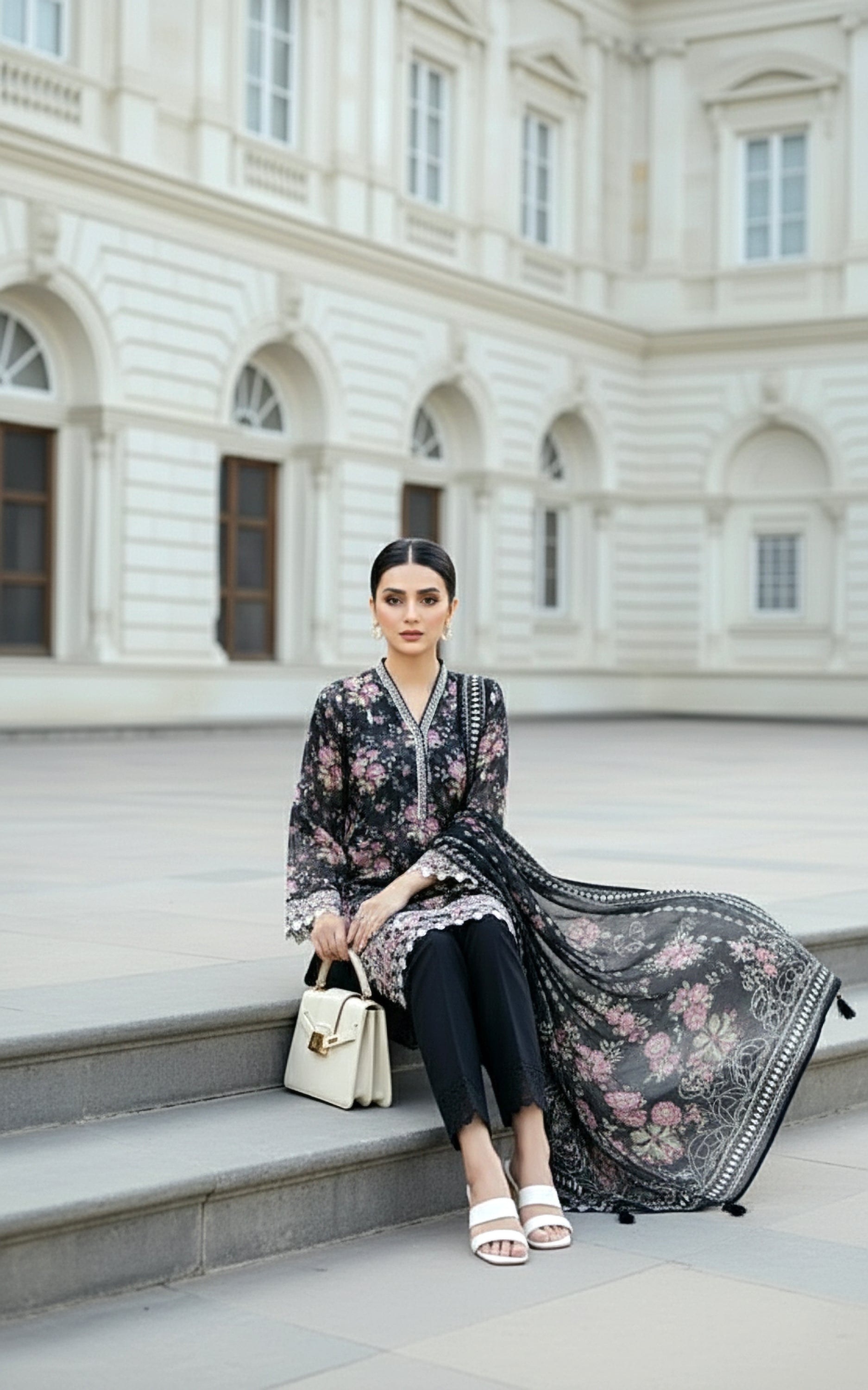 03 Piece Stitched Embroidered with Printed Lawn Dupatta Komal Lawn