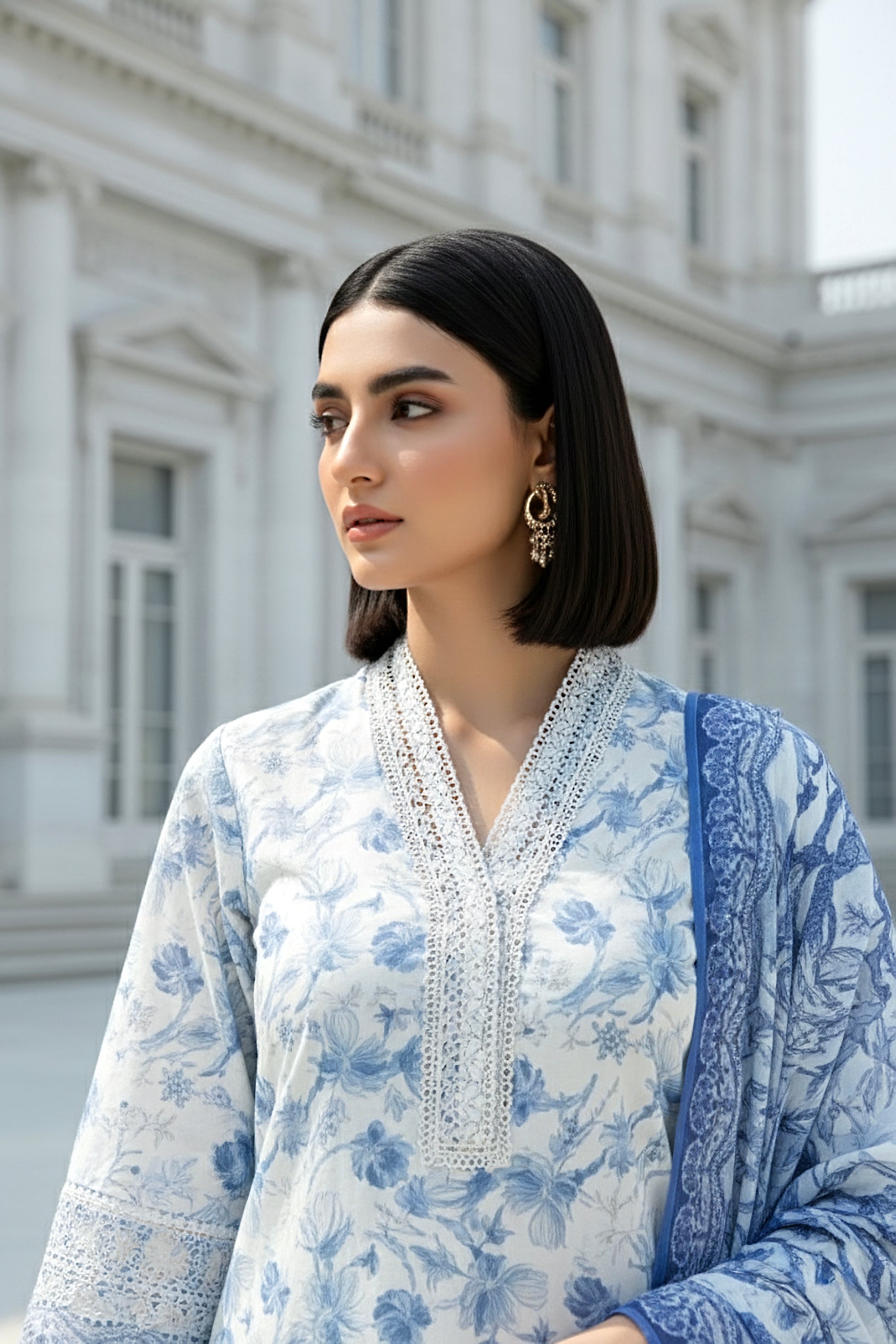 03 Piece Stitched Embroidered with Printed Lawn Dupatta Komal Lawn