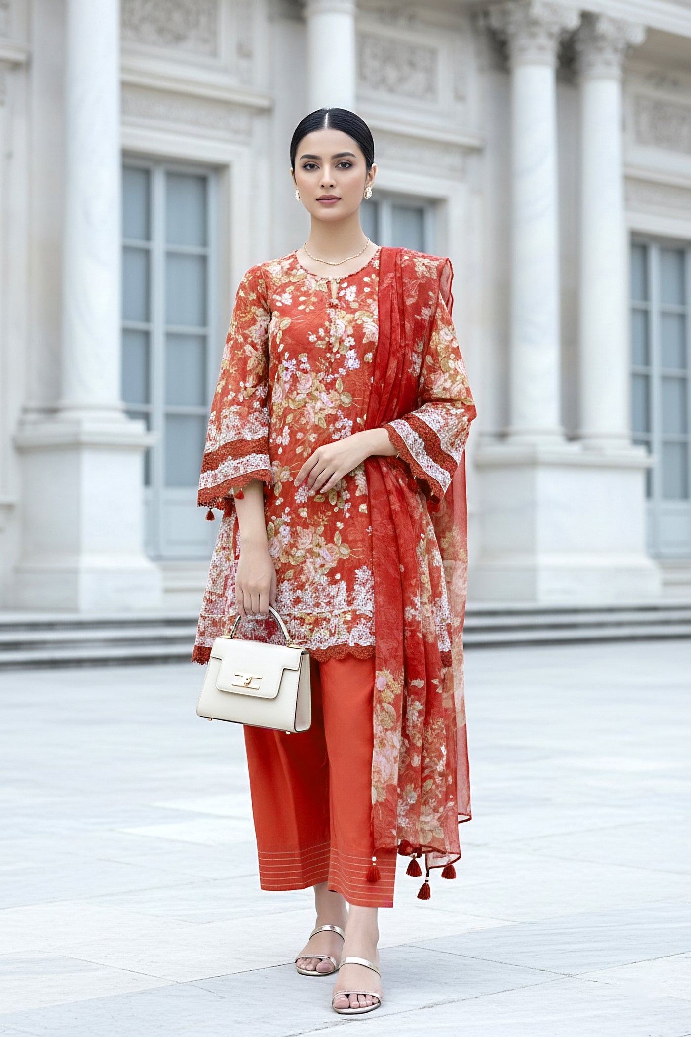 03 Piece Unstitched Embroidered With Printed Chiffon Dupatta Komal Lawn - Design 4