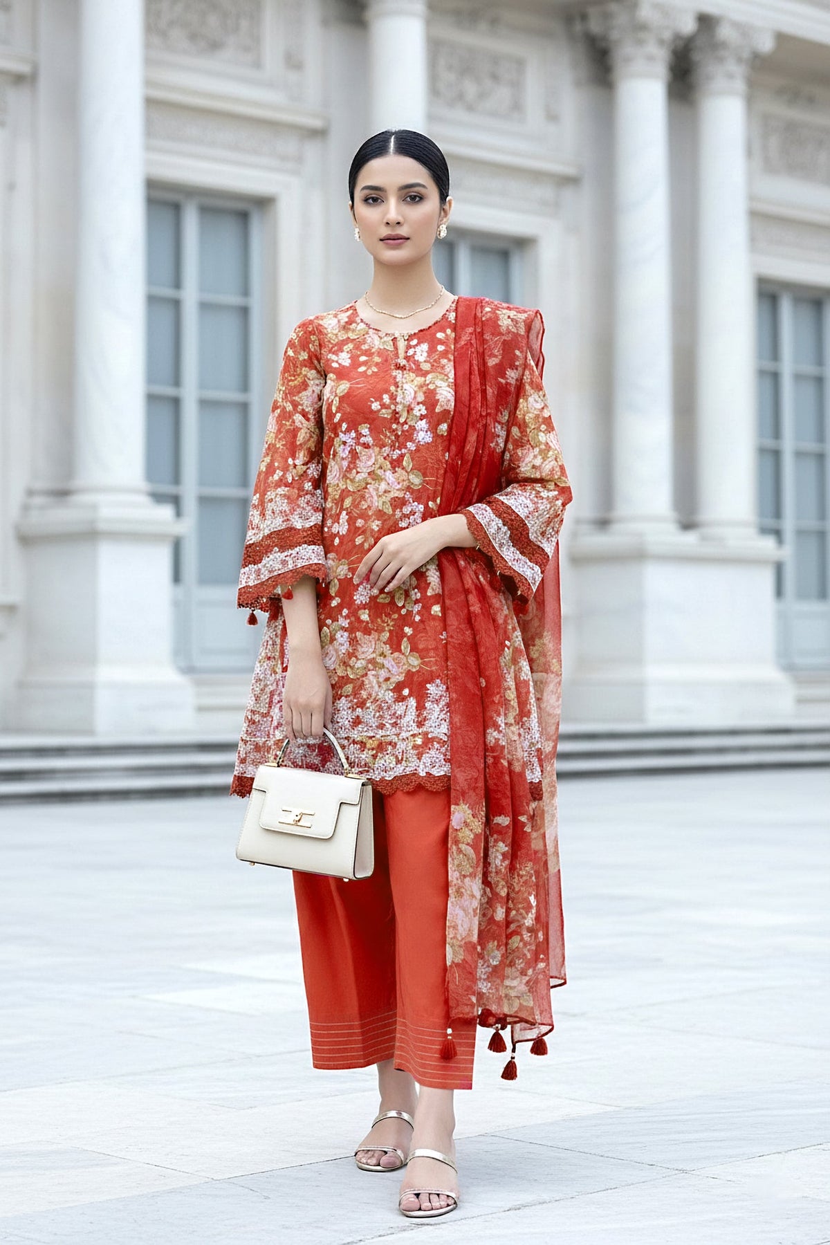 03 Piece Unstitched Embroidered With Printed Chiffon Dupatta Komal Lawn - Design 4