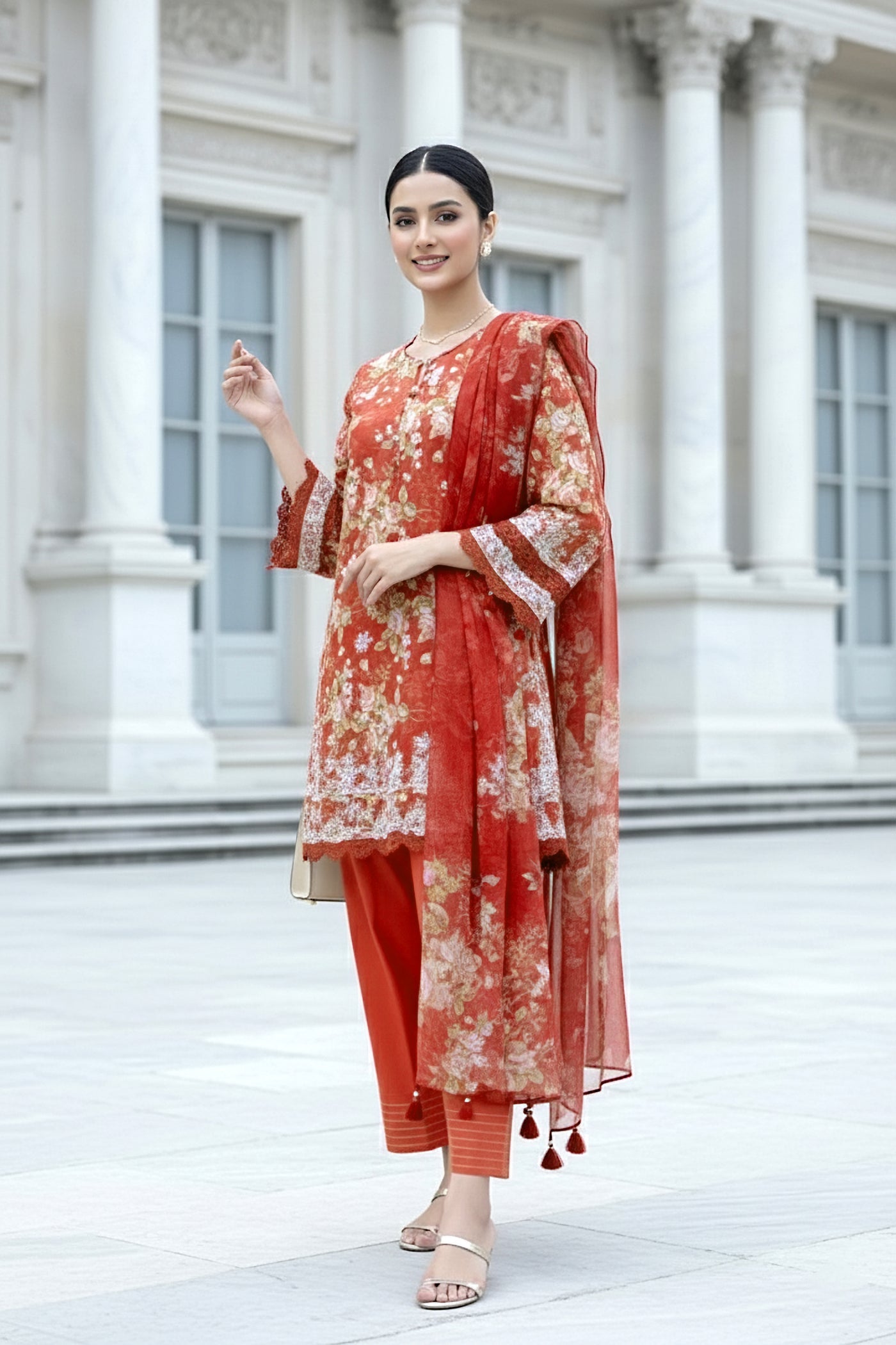 03 Piece Unstitched Embroidered With Printed Chiffon Dupatta Komal Lawn - Design 4