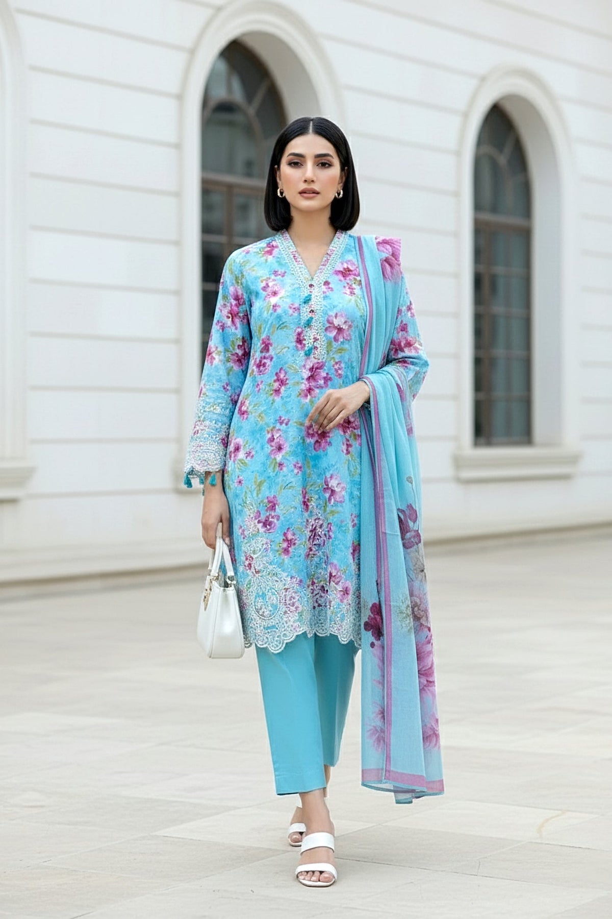 03 Piece Unstitched Embroidered With Printed Chiffon Dupatta Komal Lawn - Design 5