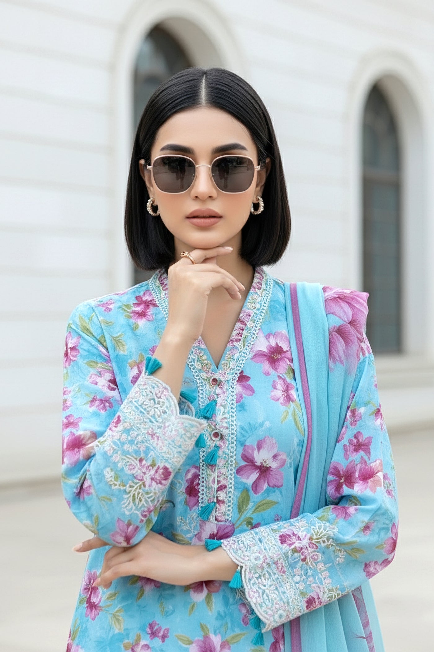 03 Piece Unstitched Embroidered With Printed Chiffon Dupatta Komal Lawn - Design 5