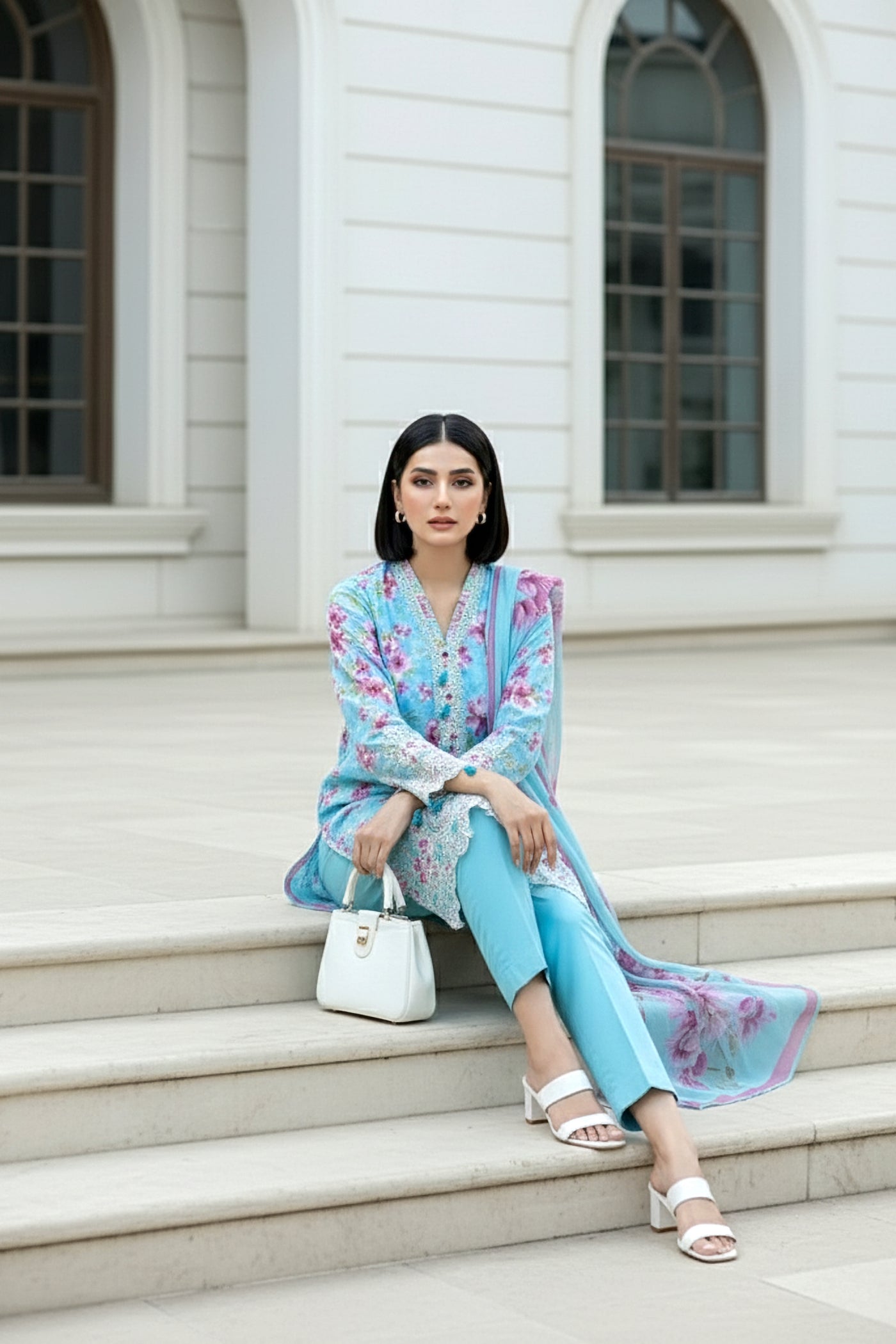 03 Piece Unstitched Embroidered With Printed Chiffon Dupatta Komal Lawn - Design 5