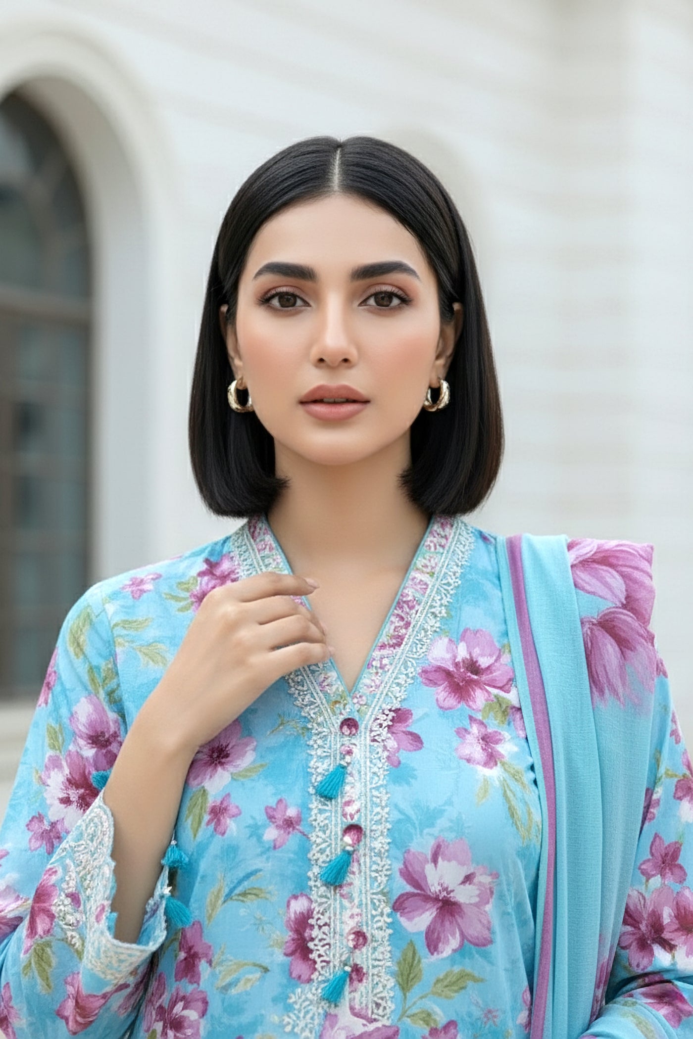 03 Piece Unstitched Embroidered With Printed Chiffon Dupatta Komal Lawn - Design 5