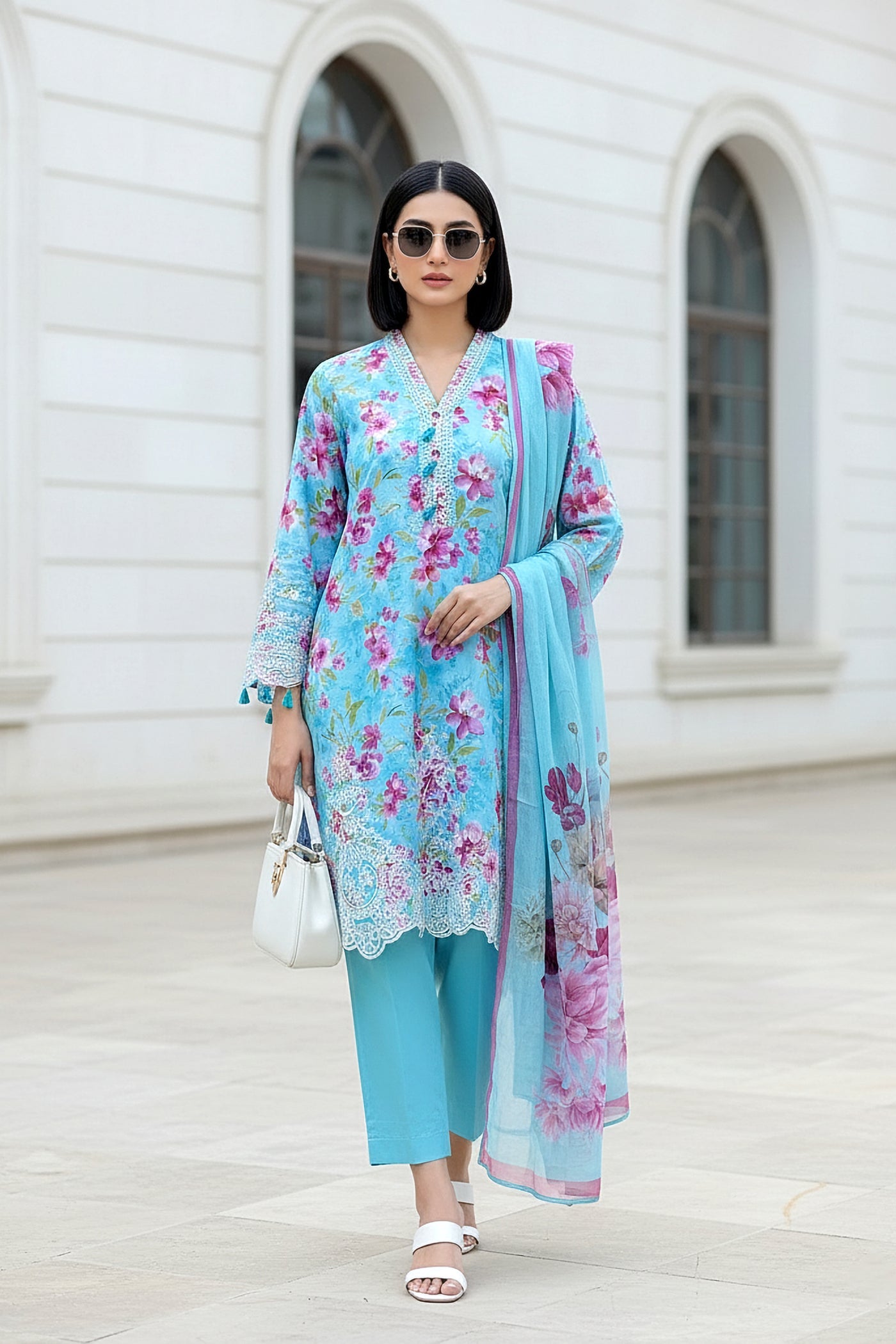03 Piece Unstitched Embroidered With Printed Chiffon Dupatta Komal Lawn - Design 5