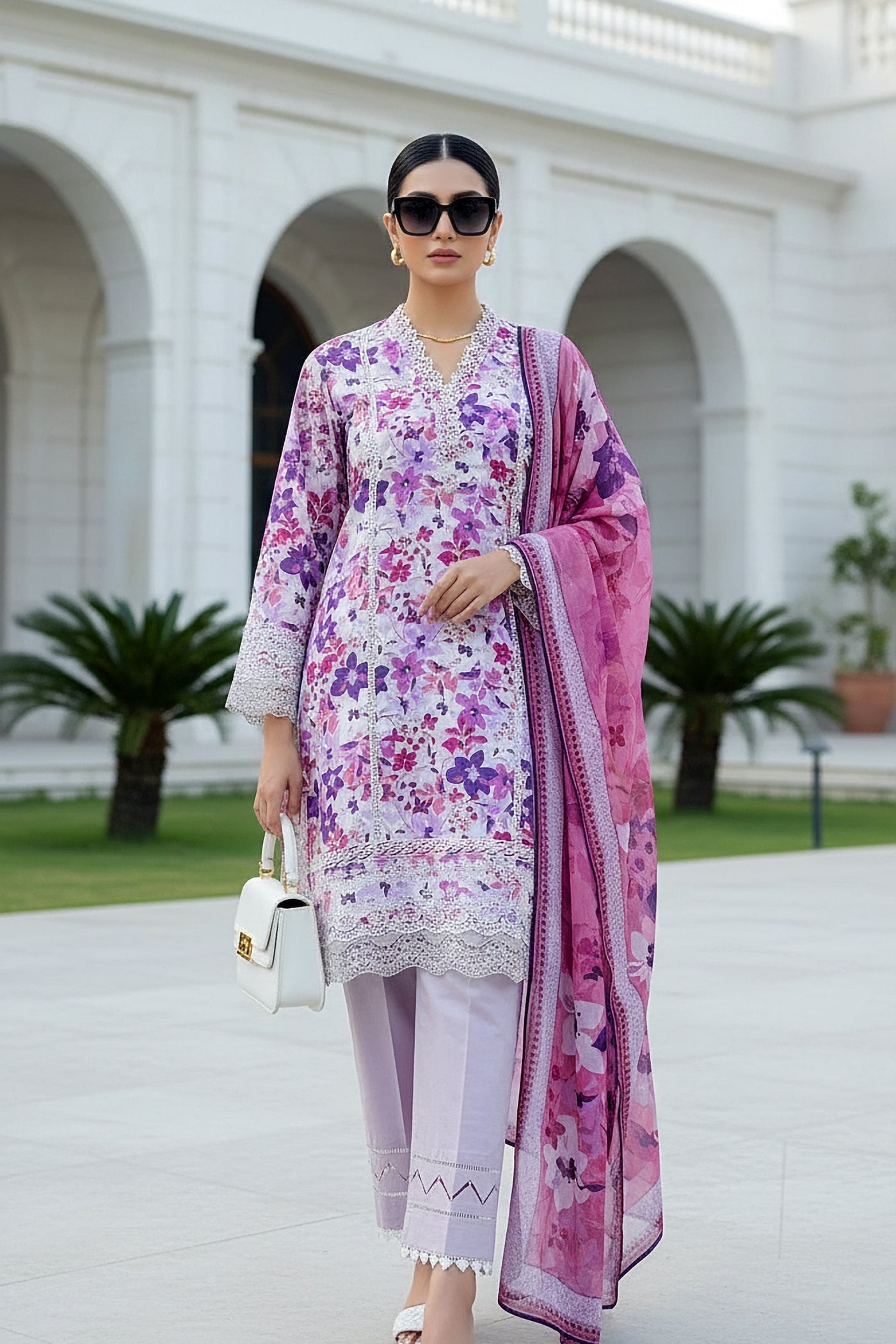 03 Piece Unstitched Embroidered With Printed Chiffon Dupatta Komal Lawn - Design 6