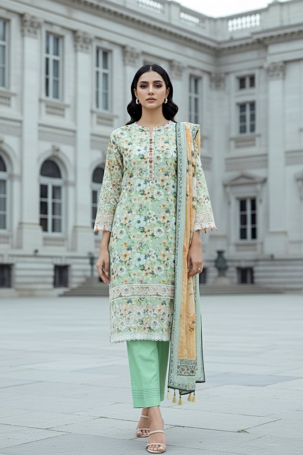 03 Piece Unstitched Embroidered With Printed Lawn Dupatta Komal Lawn - Design 3