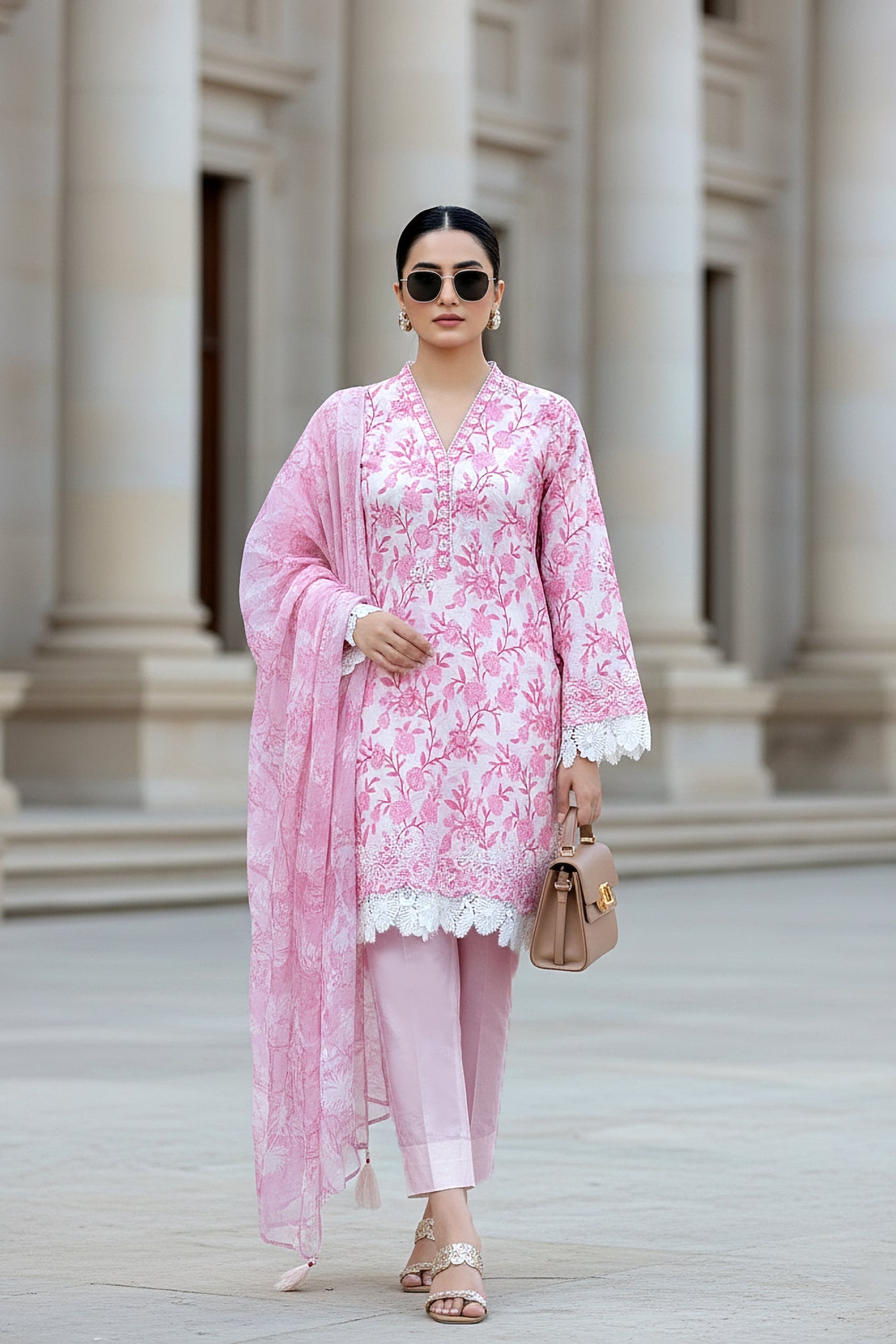 03 Piece Unstitched Embroidered With Printed Chiffon Dupatta Komal Lawn - Design 7